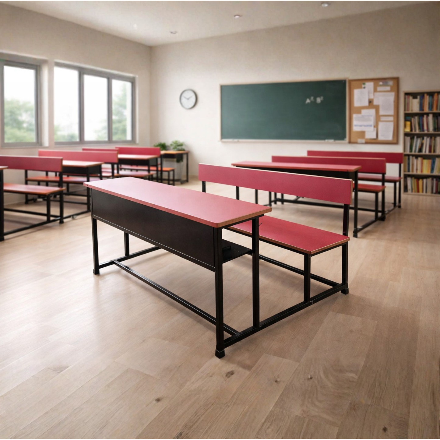 3 Seater School Desk with Attached Bench – Heavy Duty Solid Ply & Iron Frame